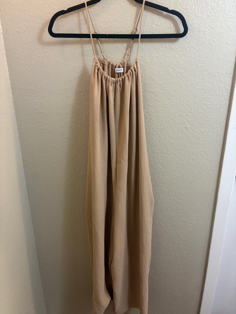 Cherish Beige Wide-Leg Jumpsuit with Spaghetti Straps
